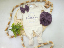 Load image into Gallery viewer, Baby girl beige romper personalized baby gift purple baby shower
