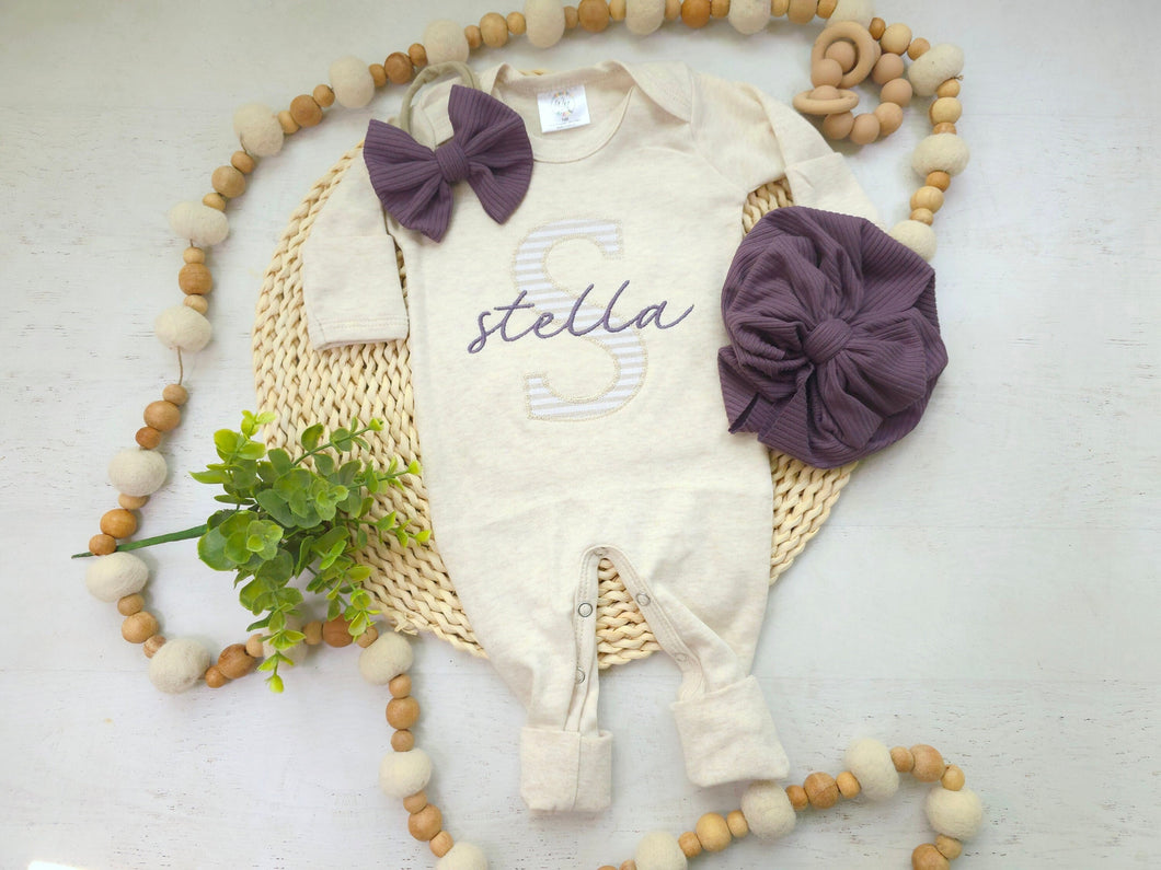 Baby girl beige romper personalized baby gift purple baby shower