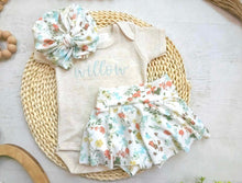 Load image into Gallery viewer, Baby Girl Coming home Outfit Floral Ice Blue, Beige Bodysuit Baby gitl bow Floral Skirt
