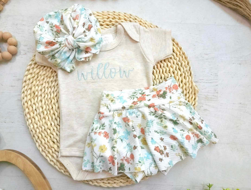 Baby Girl Coming home Outfit Floral Ice Blue, Beige Bodysuit Baby gitl bow Floral Skirt