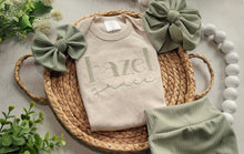 Load image into Gallery viewer, personalized baby girl outfit with bummies, custom name baby outfit with bows, sage green, baby girl going home outfit baby shower
