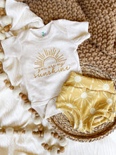 Load image into Gallery viewer, Vintage floral baby girl outfit with bummies, cottagecore baby girl outfit, personalized baby outfit bows, gold sun fall baby girl outfit
