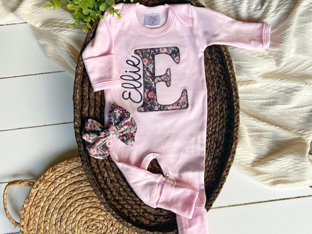 Personalized baby girl romper hat set, purple vintage floral infant coming home outfit, baby shower gift, sleeper with footies, custom name