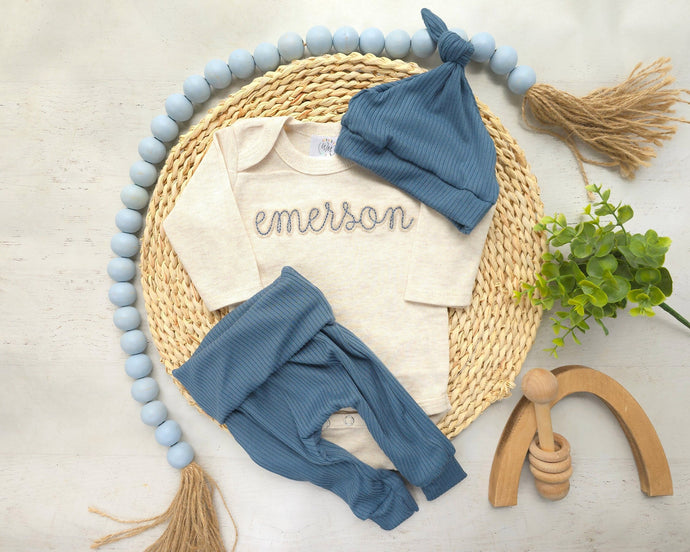 Personalized blue and beige newborn outfit, custom name boy, baby boy coming home outfit, hospital outfit for boy baby shower gift