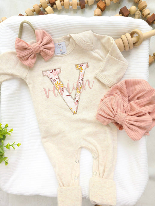 Personalized baby girl romper and hat set, vintage floral infant coming home outfit, baby shower gift, sleeper with footies, custom name