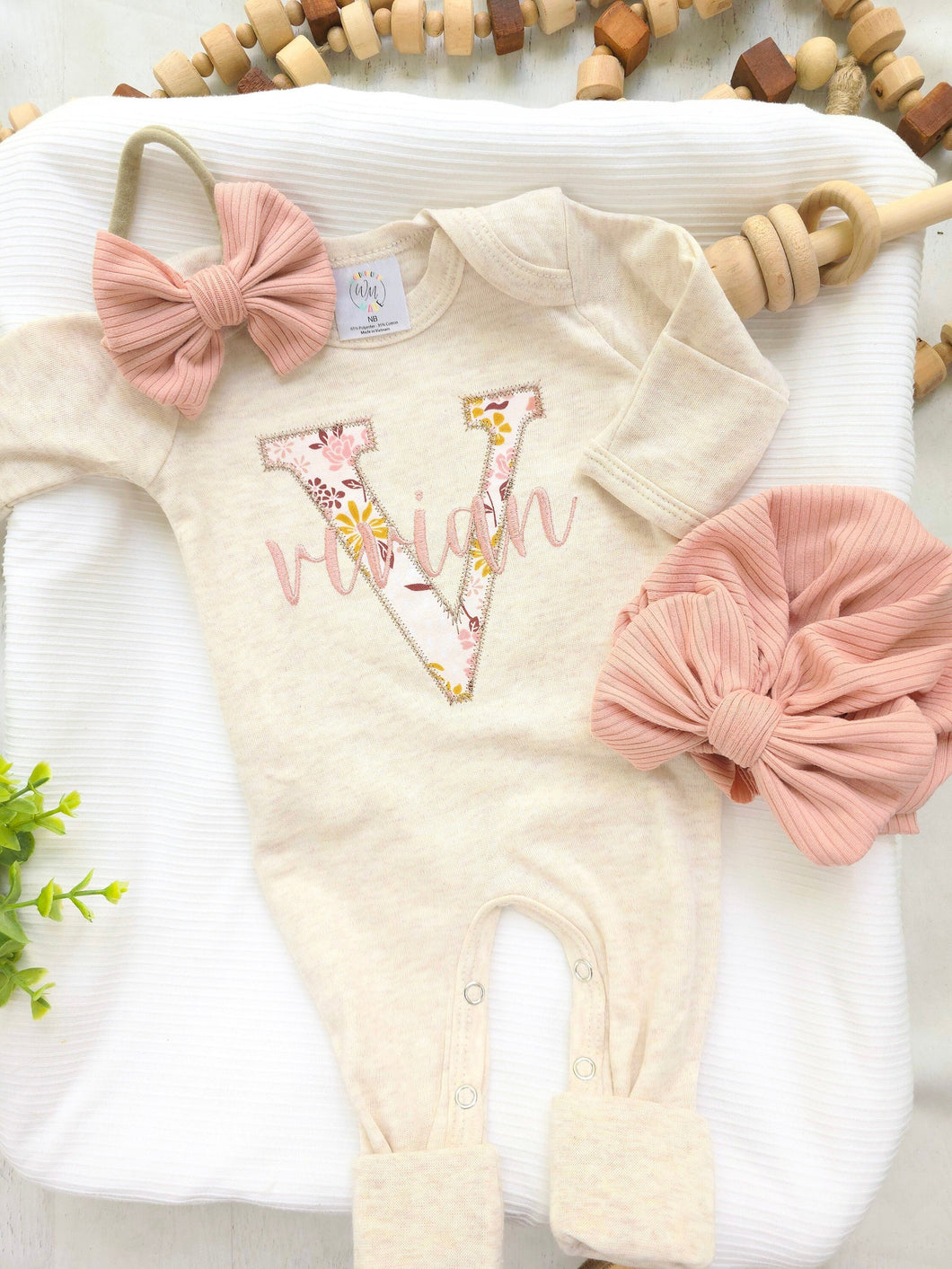 Personalized baby girl romper and hat set, vintage floral infant coming home outfit, baby shower gift, sleeper with footies, custom name