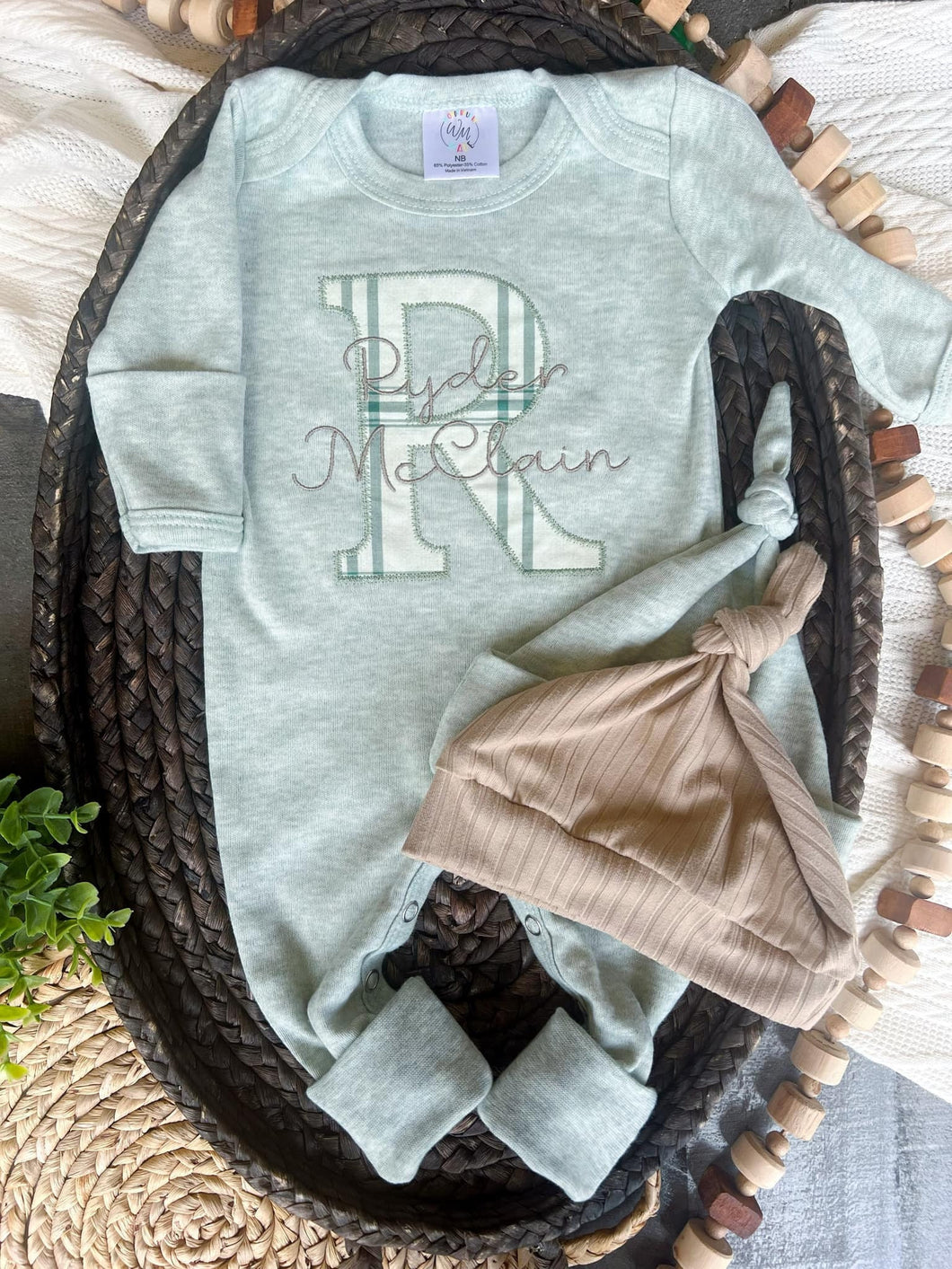 Personalized neutral baby romper and hat set, custom infant boy coming home outfit, baby shower gift, baby sleeper with footies, sage green