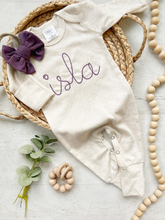 Load image into Gallery viewer, Personalized Baby Girl Outfit | Oatmeal Romper Vintage Purple Baby Name - Isla
