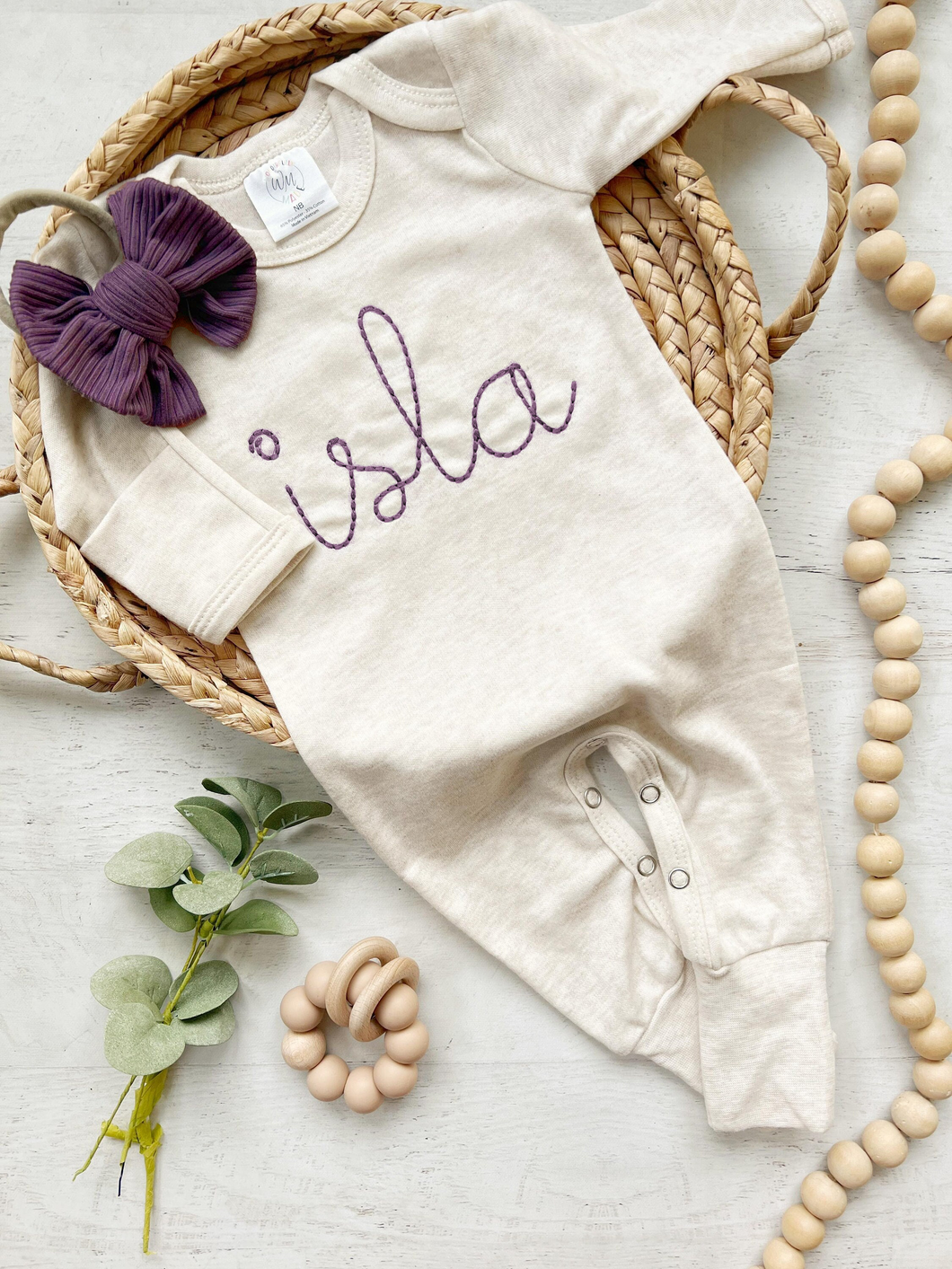 Personalized Baby Girl Outfit | Oatmeal Romper Vintage Purple Baby Name - Isla