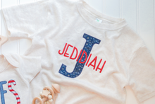 Load image into Gallery viewer, Personalized Kid Shirt | Oatmeal Shirt - Matching Sibling Red White Blue Big Letter
