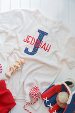 Load image into Gallery viewer, Personalized Kid Shirt | Oatmeal Shirt - Matching Sibling Red White Blue Big Letter

