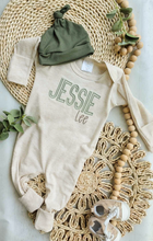 Load image into Gallery viewer, Personalized Baby Boy Outfit | Oatmeal Romper Forest Green And Tan Baby Name- Jessie Lee
