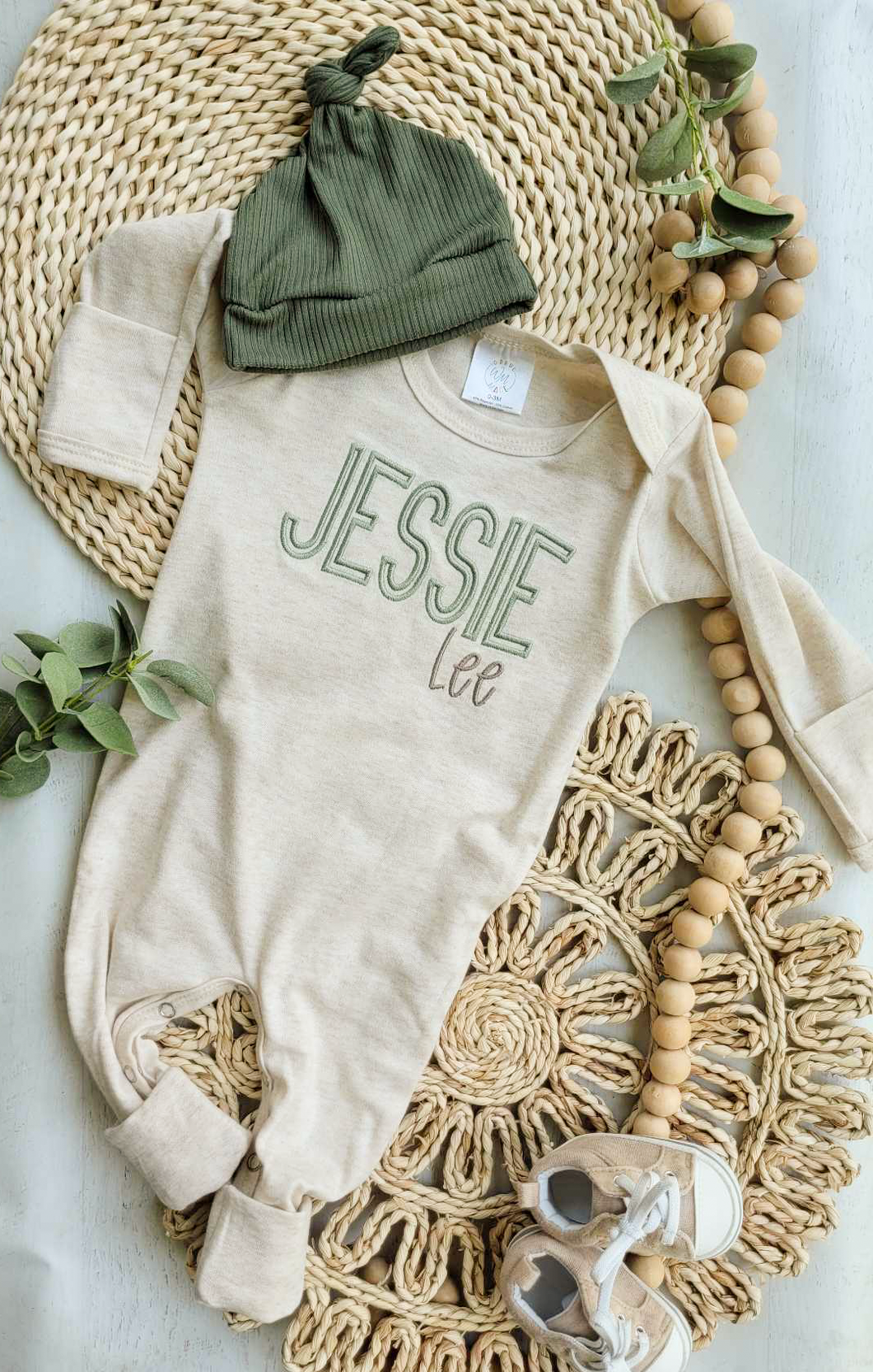 Personalized Baby Boy Outfit | Oatmeal Romper Forest Green And Tan Baby Name- Jessie Lee