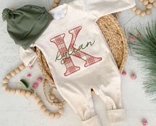 Load image into Gallery viewer, Personalized Baby Boy Outfit | Oatmeal Romper or Gown Christmas Plaid Custom Baby Name
