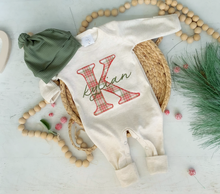 Load image into Gallery viewer, Personalized Baby Boy Outfit | Oatmeal Romper or Gown Christmas Plaid Custom Baby Name
