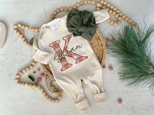 Load image into Gallery viewer, Personalized Baby Boy Outfit | Oatmeal Romper or Gown Christmas Plaid Custom Baby Name
