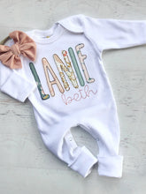Load image into Gallery viewer, Personalized Baby Girl Outfit On An Oatmeal Romper Sage Green and Pink Baby Name
