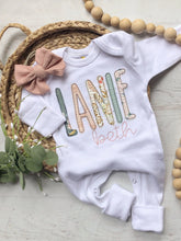 Load image into Gallery viewer, Personalized Baby Girl Outfit On An Oatmeal Romper Sage Green and Pink Baby Name
