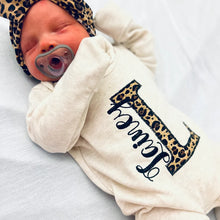Load image into Gallery viewer, Personalized Baby Girl Outfit Oatmeal Romper With Leopard Big Initial Black Baby Name - style:  oatmealleopard
