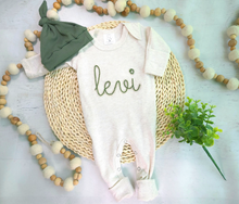 Load image into Gallery viewer, Personalized Baby Boy Outfit | Oatmeal Beige Romper Green Tan Felt Baby Name
