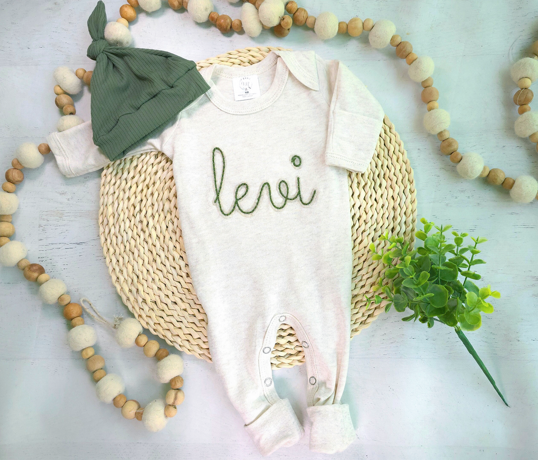Personalized Baby Boy Outfit | Oatmeal Beige Romper Green Tan Felt Baby Name