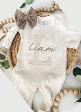 Load image into Gallery viewer, Personalized Baby Girl Outfit | Oatmeal Romper Beige Stripe Big Letter Taupe Baby Name
