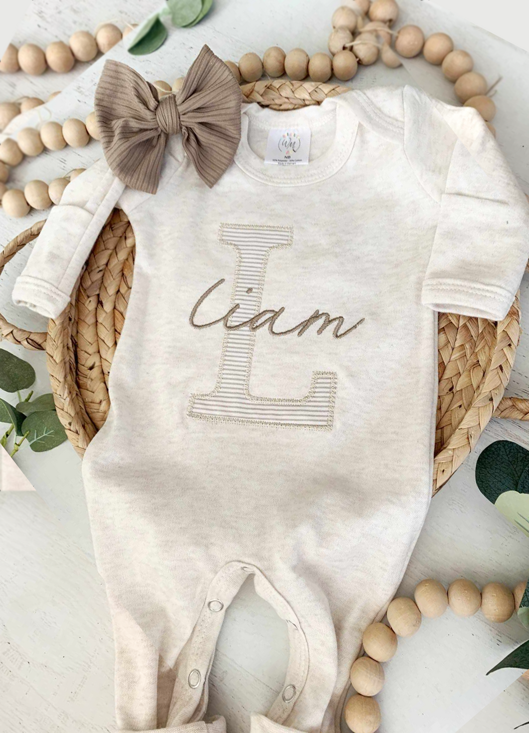 Personalized Baby Girl Outfit | Oatmeal Romper Beige Stripe Big Letter Taupe Baby Name