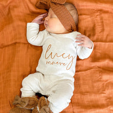 Load image into Gallery viewer, Personalized Baby Boy Outfit | Oatmeal Romper Slate Blue Baby Name
