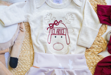Load image into Gallery viewer, Personalized  Baby Outfit | Oatmeal Bodysuit Cute Reindeer Skirt Red Baby Name - Christmas
