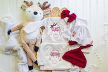 Load image into Gallery viewer, Personalized  Baby Outfit | Oatmeal Bodysuit Cute Reindeer Skirt Red Baby Name - Christmas
