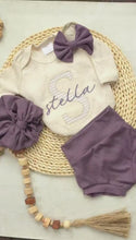 Load and play video in Gallery viewer, Personalized baby girl going home outfit newborn bodysuit outfit, custom name girl, coming home outfit for baby girl, baby girl name purple
