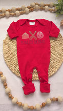 Load and play video in Gallery viewer, Baseball baby romper, embroidered baseball baby outfit, baseball romper for baby going home baby boy outfit newborn baseball baby shower red
