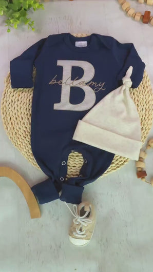 Personalized navy, blue, and beige newborn outfit, coming home outfit for baby boy, baby boy outfit, hospital outfit for boy