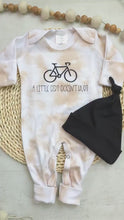 Load and play video in Gallery viewer, baby boy outfit hat set, baby mountain biking romper boy coming home outfit baby shower gift sleeper with footies a little dirt doesn&#39;t hurt
