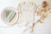 Load image into Gallery viewer, Personalized Neutral Newborn Baby Outfit | Oatmeal Baby Romper Tan Baby Name
