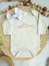 Load image into Gallery viewer, Personalized Baby Girl Outfit | Oatmeal Beige Bodysuit Pink Baby Name - Sutton Floral
