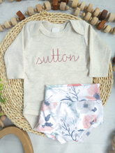 Load image into Gallery viewer, Personalized Baby Girl Outfit | Oatmeal Beige Bodysuit Pink Baby Name - Sutton Floral
