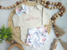 Load image into Gallery viewer, Personalized Baby Girl Outfit | Oatmeal Beige Bodysuit Pink Baby Name - Sutton Floral
