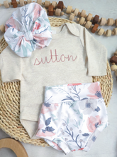 Load image into Gallery viewer, Personalized Baby Girl Outfit | Oatmeal Beige Bodysuit Pink Baby Name - Sutton Floral
