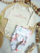 Load image into Gallery viewer, Personalized Baby Girl Outfit | Oatmeal Beige Bodysuit Pink Baby Name - Sutton Floral
