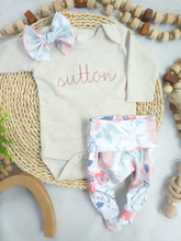 Load image into Gallery viewer, Personalized Baby Girl Outfit | Oatmeal Beige Bodysuit Pink Baby Name - Sutton Floral
