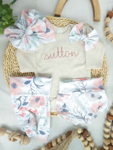 Load image into Gallery viewer, Personalized Baby Girl Outfit | Oatmeal Beige Bodysuit Pink Baby Name - Sutton Floral
