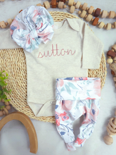 Load image into Gallery viewer, Personalized Baby Girl Outfit | Oatmeal Beige Bodysuit Pink Baby Name - Sutton Floral
