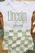Load image into Gallery viewer, Personalized Baby Boy Outfit | White Bodysuit Green Checker Custom Name
