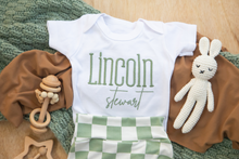Load image into Gallery viewer, Personalized Baby Boy Outfit | White Bodysuit Green Checker Custom Name
