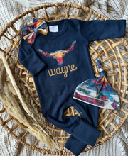 Load image into Gallery viewer, Personalized Baby Girl Outfit | Navy Romper - Western Longhorn Roping Baby Name
