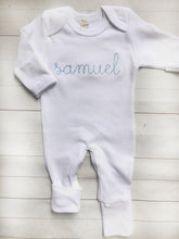 Load image into Gallery viewer, Personalized baby blue vintage stitch boy romper with bow, custom baby coming home outfit, baby shower gift, boy sleeper with footies
