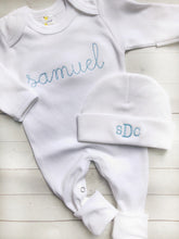 Load image into Gallery viewer, Personalized baby blue vintage stitch boy romper with bow, custom baby coming home outfit, baby shower gift, boy sleeper with footies
