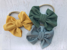 Load image into Gallery viewer, Ribbed baby hand tied bow on headband Baby fabric bow headband, toddler hair accessory, matching sibling bows, neutral headband for baby
