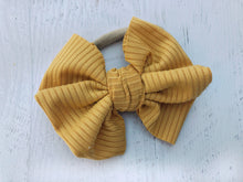 Load image into Gallery viewer, Ribbed baby hand tied bow on headband Baby fabric bow headband, toddler hair accessory, matching sibling bows, neutral headband for baby
